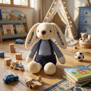 May include: A plush bunny rabbit toy with long ears, wearing a blue striped shirt and navy blue shorts. The bunny's ears are embroidered with the name "Lincoln" and the date "2024.6.28". The toy is surrounded by wooden toys and children's books.