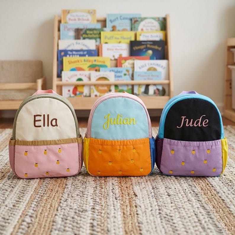 May include: Three personalized children's backpacks in pink, blue, and purple. Each backpack has a different name embroidered on the front: "Ella", "Julian", and "Jude". The backpacks have a pineapple pattern on the bottom pocket.