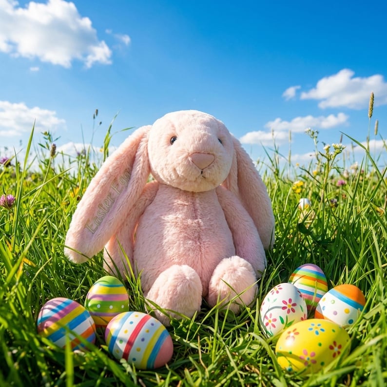 May include: A plush pink bunny with long floppy ears sits in a field of green grass. Colorful Easter eggs with various patterns surround the bunny. The sky is blue with fluffy white clouds, creating a cheerful spring scene.