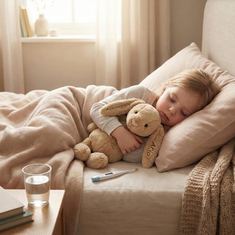 May include: A child asleep in bed, snuggled with a plush bunny. The bunny is light brown with the word "Accompany" on one ear and "Aria" on the other. A thermometer rests on the bed, next to a glass of water and a stack of books.