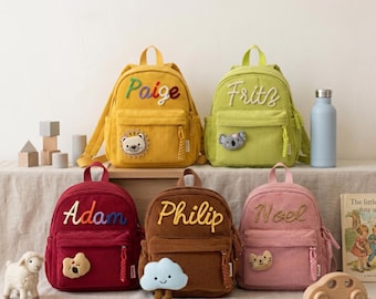 Custom Hand Embroidered Kids Backpack, Personalized Corduroy Toddler Bag, Unique Preschool Schoolbag, Custom Name Baby Gift, Back to School
