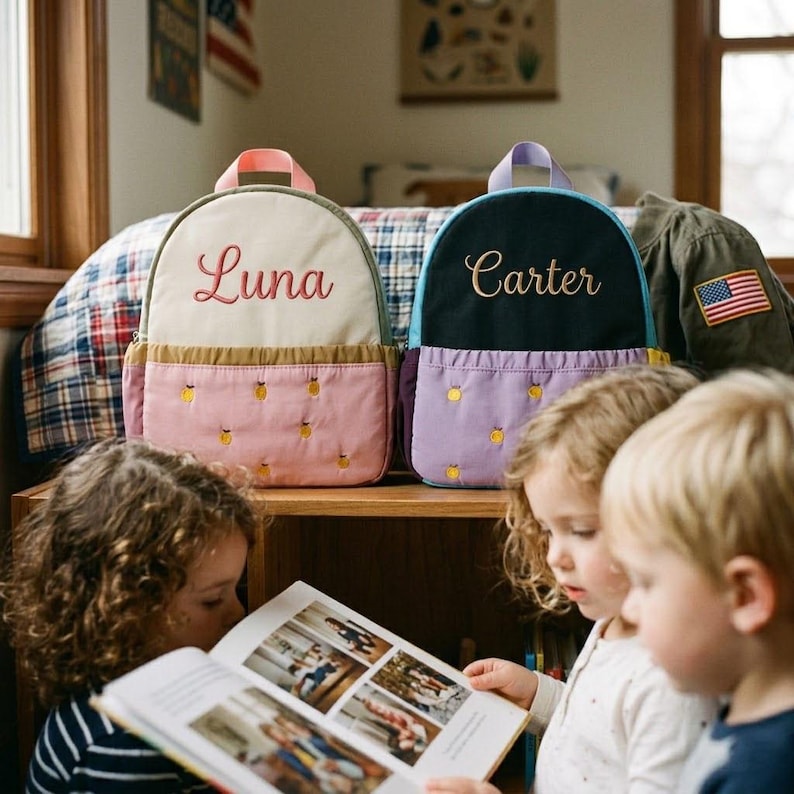 May include: Two small backpacks, one cream and pink with "Luna" embroidered, the other black and purple with "Carter". Both have fruit embroidery on the bottom pocket. Children are reading a book in the foreground.