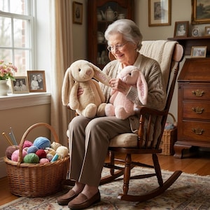May include: An elderly person sits in a wooden rocking chair, holding two plush bunny rabbits. One is beige with "Baby" embroidered on the ear, the other is pink with "Piper" on the ear. A basket of yarn and knitting needles sits nearby.