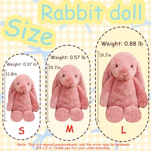 May include: Pink plush rabbit dolls in three sizes: small (11.8 inches), medium (15.7 inches), and large (19.7 inches). Each bunny has long ears and a soft, cuddly appearance. The weights are 0.37 lb, 0.57 lb, and 0.88 lb respectively. The text "Rabbit doll" is at the top.