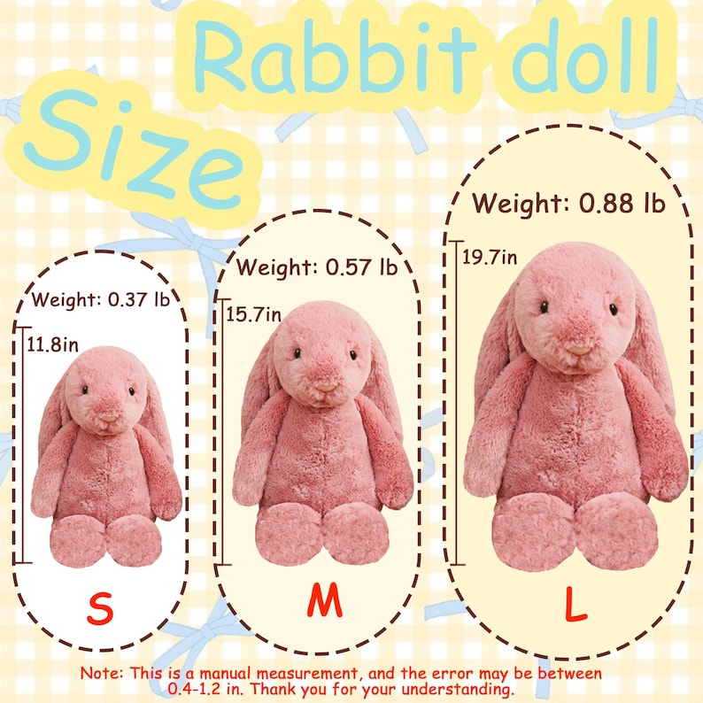May include: Pink plush rabbit dolls in three sizes: small (11.8 inches), medium (15.7 inches), and large (19.7 inches). Each bunny has long ears and a soft, cuddly appearance. The weights are 0.37 lb, 0.57 lb, and 0.88 lb respectively. The text "Rabbit doll" is at the top.