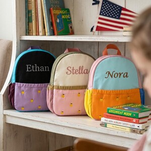 Personalized Kids Backpack with Name Vintage Aesthetic Quilted School Bag Custom Color Block Toddler Daypack Durable Polyester Gift Bag