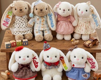 Personalisierte Kindertagesstätte gefüllter Hase, benutzerdefinierte handgemachte Stickerei Hase, gestickte Plüsch-Kaninchen-Puppe, Dusche Geschenk, niedliches Kinderzimmer Dekor Geschenk