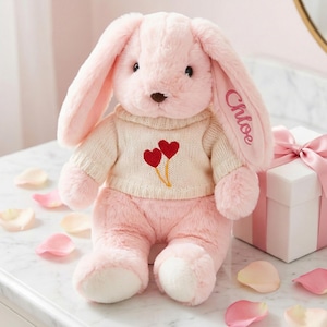 May include: A plush pink bunny wearing a cream-colored sweater with two red heart appliqués. The bunny's ear is embroidered with the name "Chloe" in pink. The bunny is sitting near a gift box with a pink ribbon and scattered rose petals.