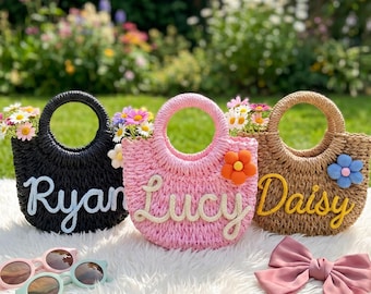 Personalized Straw Baskets For Flower Girls, Custom Straw Beach Bags For Bridesmaids And Flower Girls,Handmade Yarn Name Straw Bags
