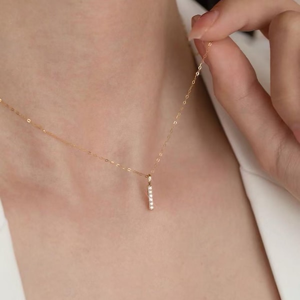 18K Solid Gold Diamond Bar Necklace – Dainty Vertical Diamond Pendant, Minimal Fine Jewelry Gift