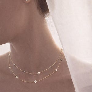 18K Gold Diamond Station Necklace | Four Leaf Clover Star Necklace | Dainty or Large Diamond Chain | Everyday Fine Jewelry image 12