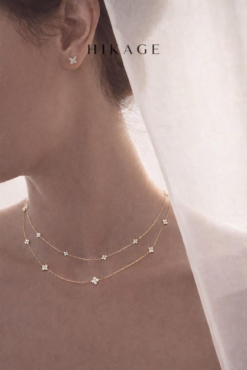 18K Gold Diamond Station Necklace | Four Leaf Clover Star Necklace | Dainty or Large Diamond Chain | Everyday Fine Jewelry image 12