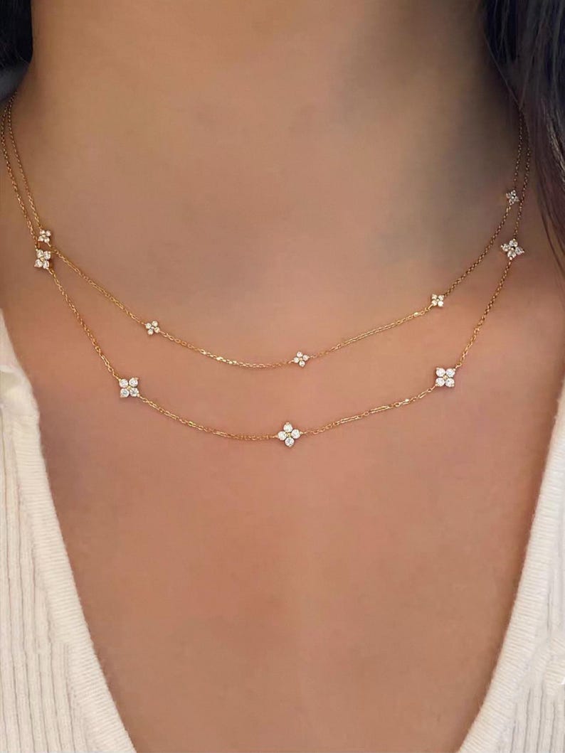 18K Gold Diamond Station Necklace | Four Leaf Clover Star Necklace | Dainty or Large Diamond Chain | Everyday Fine Jewelry image 1