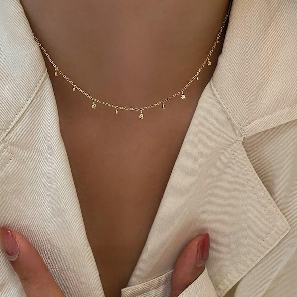 Collar de estación de oro macizo de 18 quilates, collar colgante en capas, collar de gota delicada, cadena de estatellita dorada, collar de oro macizo de 18 quilates, regalo para ella