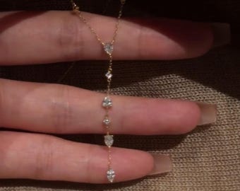 円筒形のダイヤモンドチャームネックレス、ゴールドタッセル付き、14K ダイヤ型モチーフ タッセルネックレス
