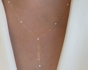 18K Solid Gold Y Lariat Diamond Necklace,Dainty Y Lab Grown Diamond Necklace,Real Gold Floating Diamond Y Necklace,Gift for her,Hikage