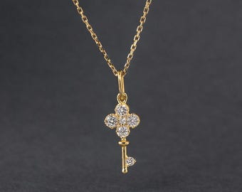 18K Solid Gold Mini Key Diamond Pendant Necklace,Dainty Lab Grown Diamond Charm Necklace,  Everyday Jewelry,Gift for her,Graduation gift