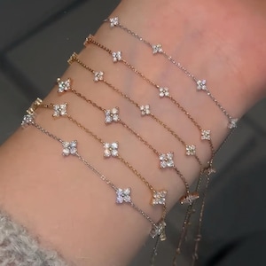 18K Solid Gold Four leaf clover  Diamond Bracelet • Dainty Diamond Station Bracelet •  Real Gold Bracelet • Fine Jewelry Gift for Her