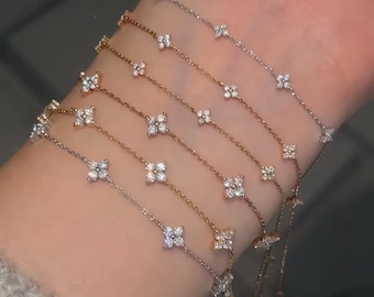 Pulsera de diamantes con trébol de cuatro hojas en oro macizo de 18 quilates • Delicada pulsera con diamantes • Pulsera de oro auténtico • Regalo de joyería fina para ella