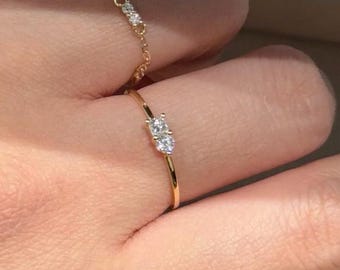 18K Solid  Gold Ring ,18K Solid Gold Dainty Toi et Moi Diamond Ring, Minimal Double Stone Ring, Thin Gold Band, Everyday Stacking Ring，Gift