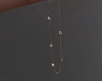 18K Solid Gold Round Diamond Bracelet • Dainty Diamond Station Bracelet • Minimalist Real Gold Bracelet • Fine Jewelry Gift for Her