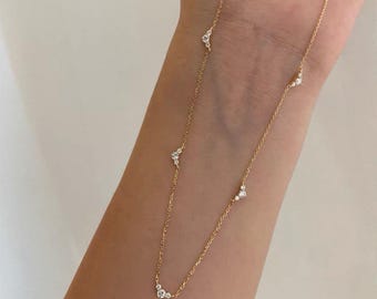18K Solid Gold Diamond Triangle Cluster Necklace: Adjustable Station Chain Lab Grown Diamond, 14K Gold Attached Diamond Solitaire Necklace