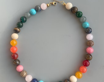 Collar de cuentas de piedras preciosas de 12 mm, lapislázuli, cuarzo rosa, gargantilla bohemia