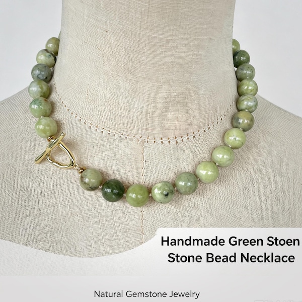Handmade Green Serpentine Choker Necklace, Gold Toggle Clasp Statement Collar Bead Jewelry