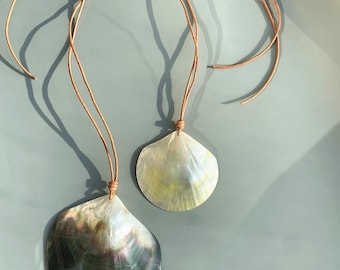 Oversized Shell Pendant Necklace | Boho Leather Cord Statement Accessory