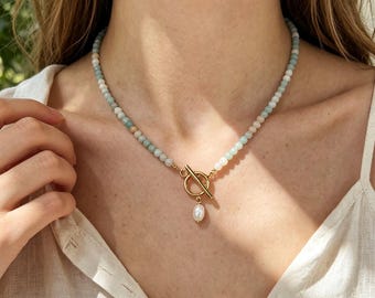 4mm Polished Amazonite Beaded Choker, Stainless Steel OT Toggle Clasp Necklace, Dainty Freshwater Pearl Drop Pendant, Minimalist Summer