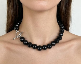 Chunky Black Stone Beaded Choker Necklace, Silver Toggle Clasp, Minimalist Statement Jewelry