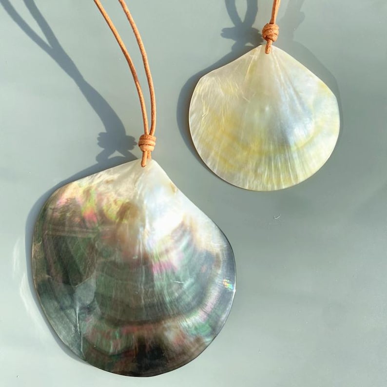 Op de afbeelding: Twee iriserende schelpenhangers met bruine leren koorden. De schelpen hebben een parelmoerglans met kleuren van groen, paars en zilver. E&eacute;n schelp is donkerder, de andere heeft een lichtere cr&egrave;mekleur. De koorden zijn bovenaan geknoopt.
