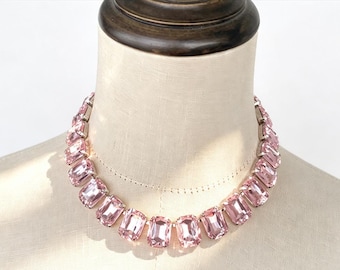 Emerald Cut Pink Glass Choker Necklace, Polished Copper Chain Statement Jewelry