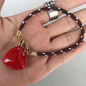 Handmade Red Heart Charm Bracelet, Brown Braided Cord, Minimalist Love Pendant Jewelry