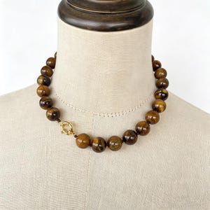 14mm Tiger's Eye Beaded Necklace, Chunky Statement Jewelry, Gold Clasp Bohemian Luxury
