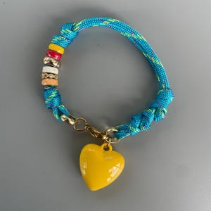 Paracord Heart Charm Bracelet, Blue Yellow Beaded Friendship Jewelry