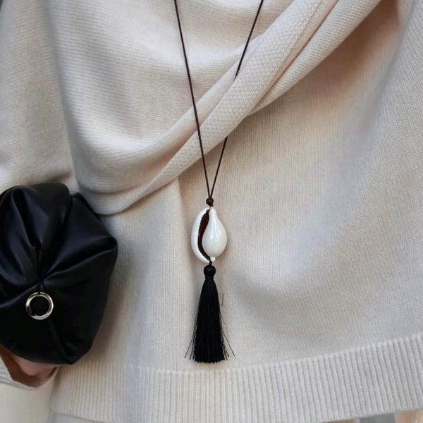 Handmade Cowrie Shell Tassel Lariat | Boho Tribal Beach Jewelry on Adjustable Brown Cord