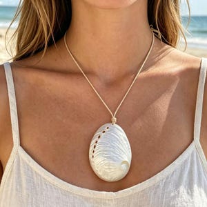 Polished Abalone Shell Pendant Necklace, Large Iridescent Seashell, Boho Coastal Beach Jewelry