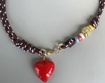 Handmade Red Heart Pendant Necklace, Boho Beaded Choker, Adjustable Rope Jewelry