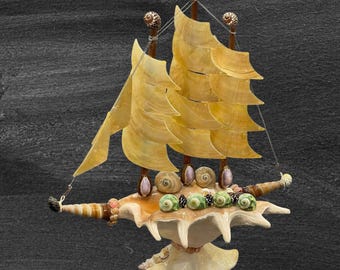 Natural Seashell Sailing Ship Decor | Handcrafted Ocean Art | Nautical Home Decor |   Coastal Table Display