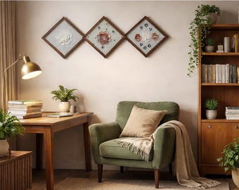 Set of 3 Handmade 3D Seashell Wall Art – Quiet Ocean Flower Triptych, Wooden Frame