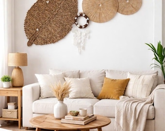 Handwoven Boho Wall Decor Set – Grass Panel, Rattan Circles & Laurel Wreath