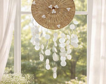 Handwoven Rattan Wall Decor with Shell Hanging | Coastal Natural Wall Art