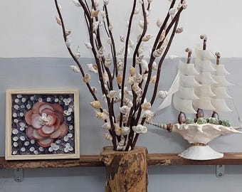 Handmade Seashell Decor Set – Wood Vase, Ship Sculpture & Shell Art
