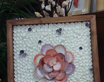 Seashell Wall Art – Purple Red Shell Flower on White Shell Background | Handmade Coastal Decor