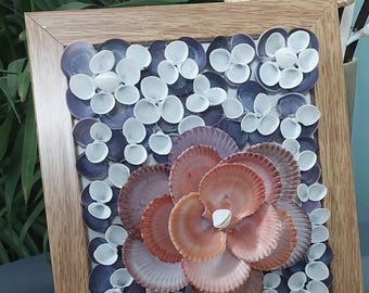 Handmade Seashell Flower Art on Purple Shell Background Coastal Wall Decor
