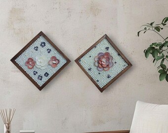 Handmade Seashell Floral Wall Art Set – Textured Wood Frame