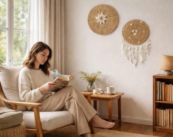 Handwoven Shell Wall Art Set – Natural Rattan & Sea Shells, Calm Living Decor