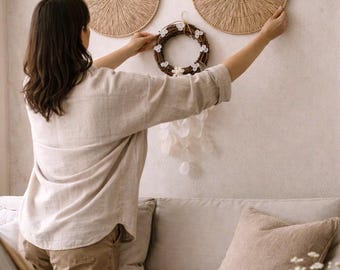 Natural Woven Wall Decor Set – Rattan Circles & Laurel Wind Chime