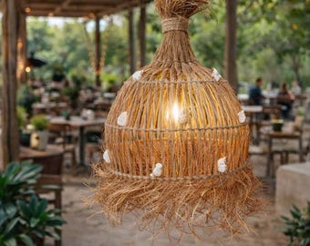 Handwoven Rattan Pendant Lamp | Seashell Accents, Coastal Lighting